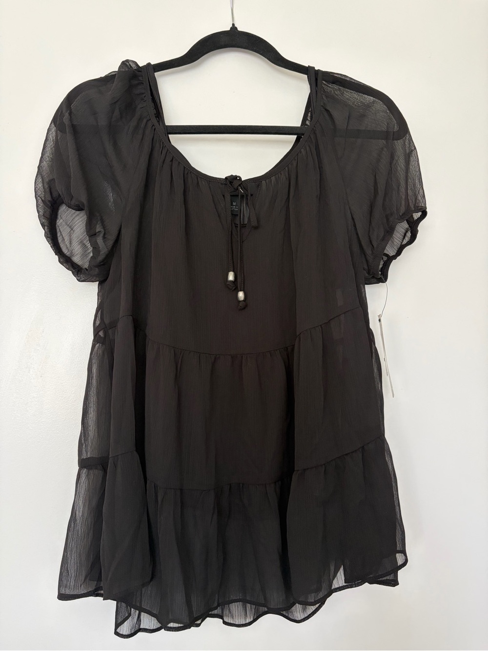BCX Black Sheer Tiered Tie-Neck Short Sleeve Blouse